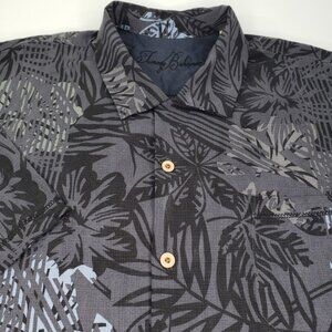 Tommy Bahama 100% Silk Black Gray Hawaiian Shirt Tropical Floral Men's 2XL XXL